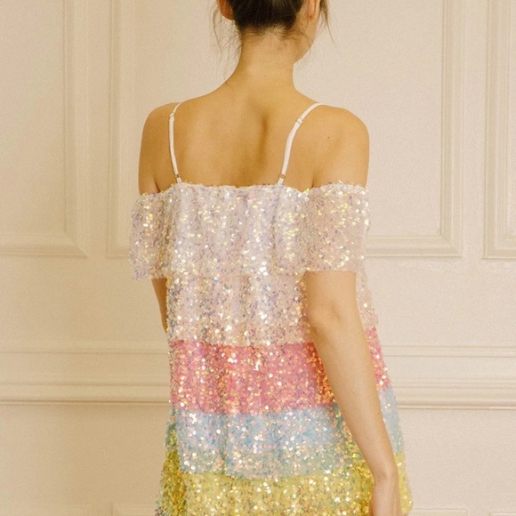 Multi Colored Sequin Ruffle Off-The-Shoulder Mini Dress Size L/8 - Picture 3 of 4